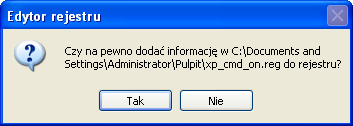 Ostrzeżenie przy modyfikacji rejestru w Windows XP